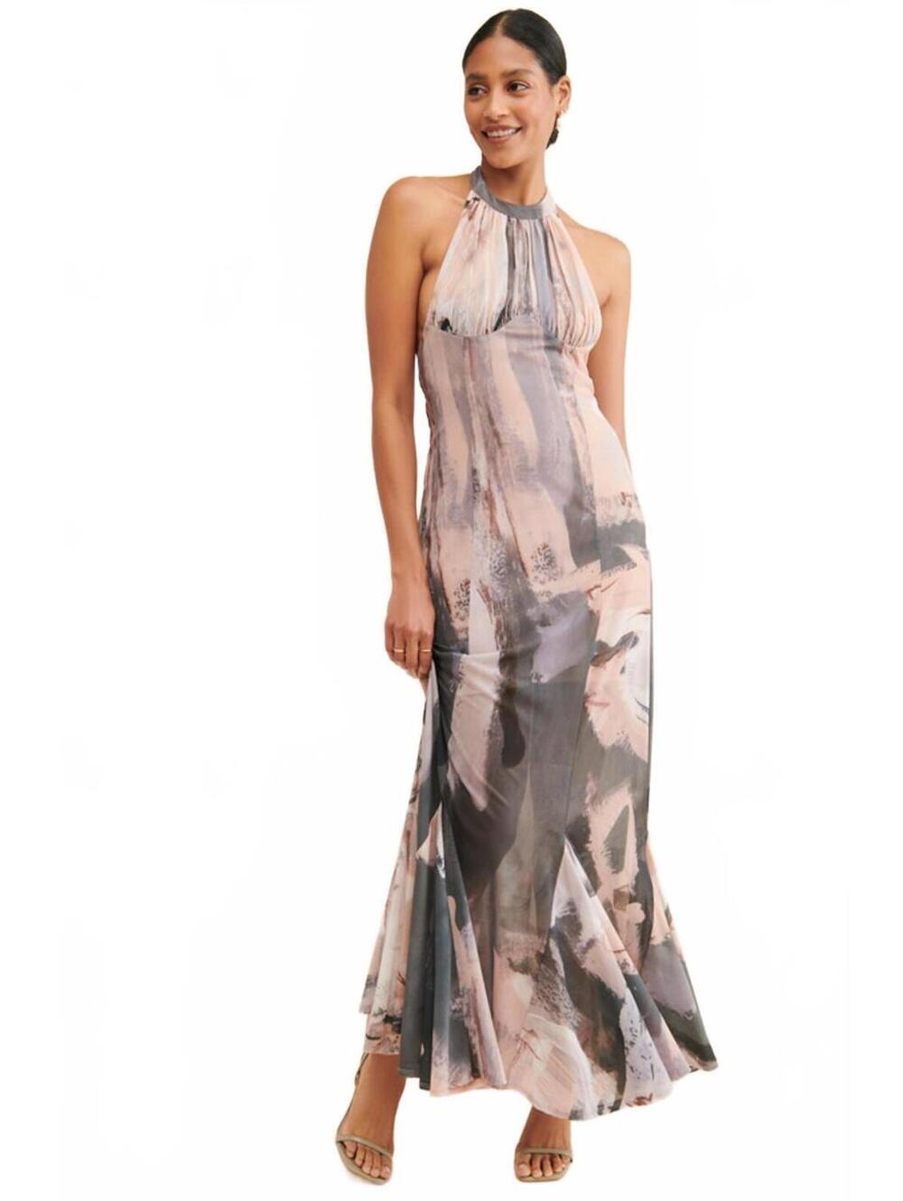Let Me Be knit halter maxi dress  nude and gray abstract print Sz XSP # 1145